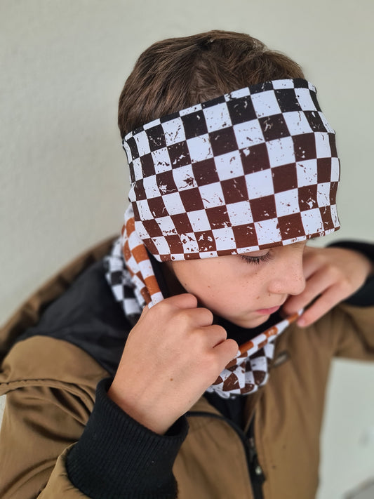 Stirnband Kinder Jungs kariert orange, schwarz-weiß | Handmade Jersey Haarband Checkerboard | Lerobe
