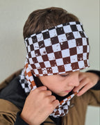 Stirnband Kinder Jungs kariert orange, schwarz-weiß | Handmade Jersey Haarband Checkerboard | Lerobe