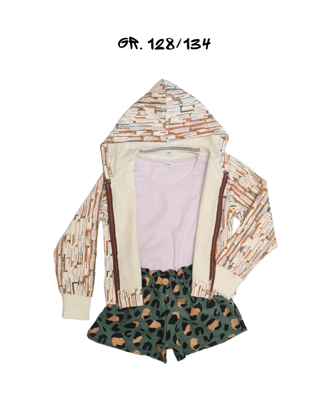 Sommer-Set 3-teilig – Leo Shorts, Rib Top & Kapuzenjacke | Gr. 128/134
