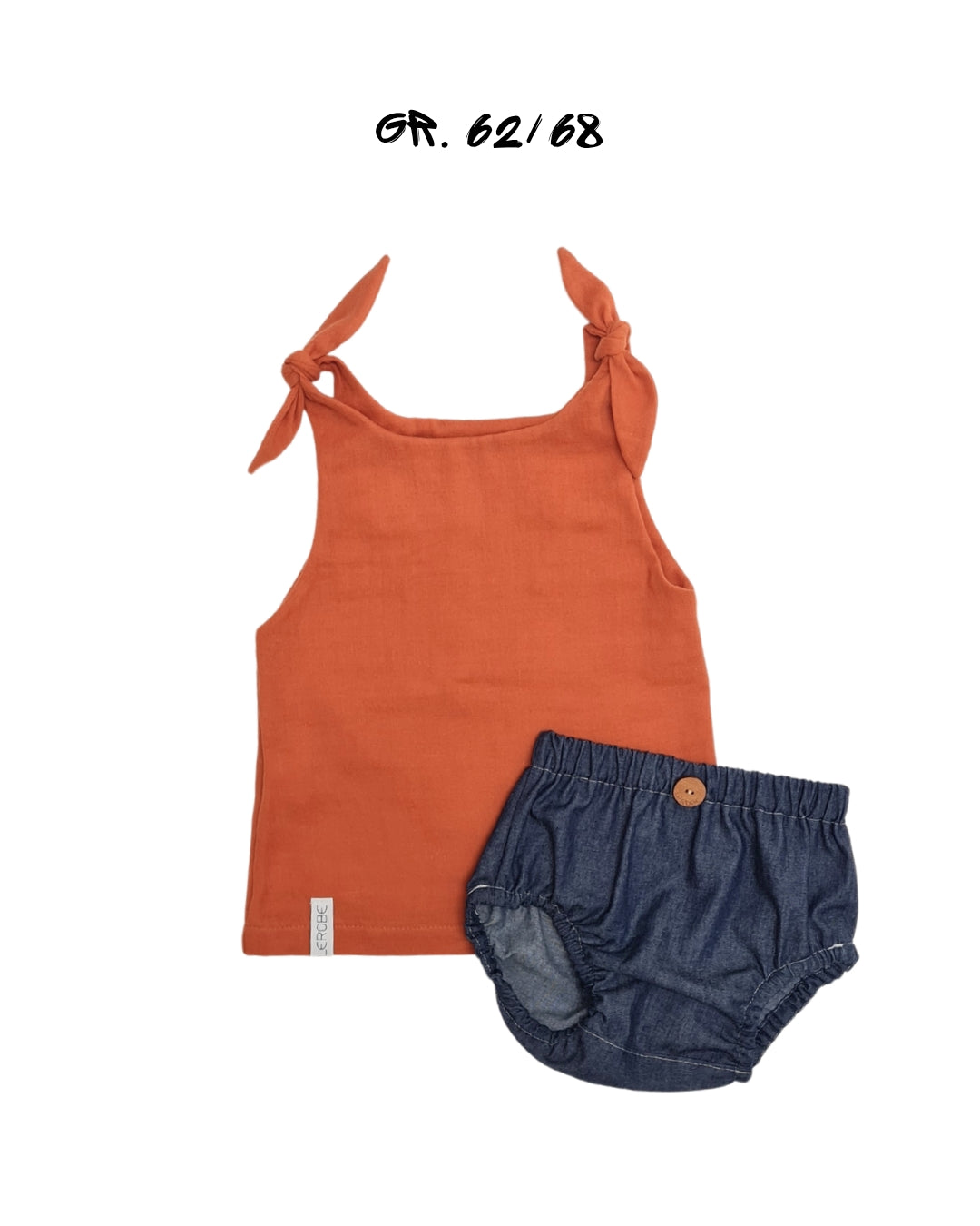Sommer-Set Baby aus Musselin & Jeans | Kleid zum Binden + Windelhöschen | Größe 62/68 – Handgemacht aus 100% Baumwolle