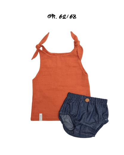 Sommer-Set Baby aus Musselin & Jeans | Kleid zum Binden + Windelhöschen | Größe 62/68 – Handgemacht aus 100% Baumwolle