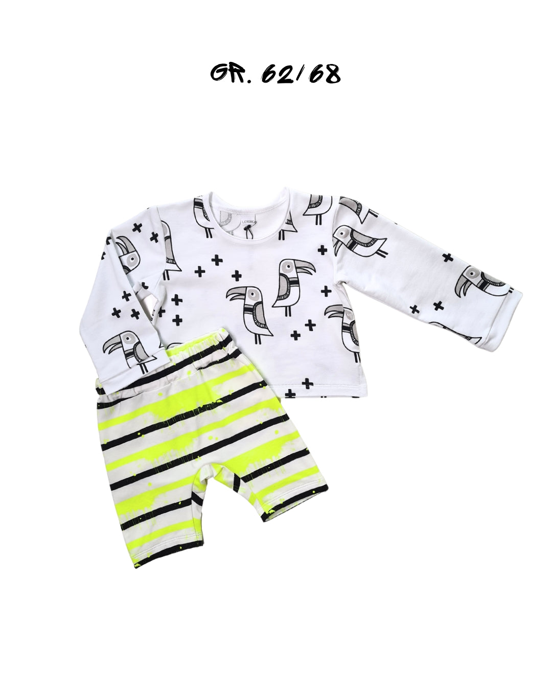 Kinder Longsleeve & Bermuda Set 62/68 – GOTS zertifiziert, Oversize, Papagei-Print, Neon-Details