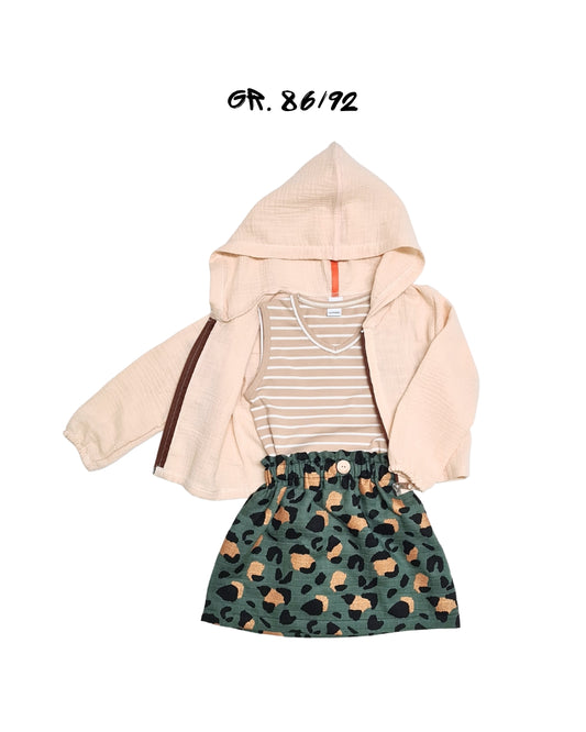 Dreiteiliges Sommer-Set für Mädchen – Musselin Rock, Top & Blouson im Leo-Look | Lerobe Style